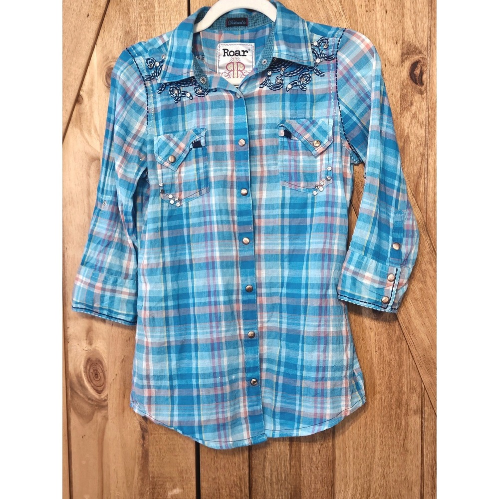 Roar Button Up Coastal Glam Western Shirt Junior L Teal Plaid Saxon Rose #768